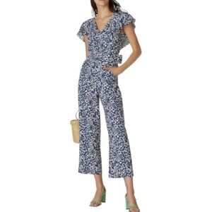 Tanya Taylor Avalon Blue Floral Linen Blend Jumpsuit Size 6 Pockets Flutter